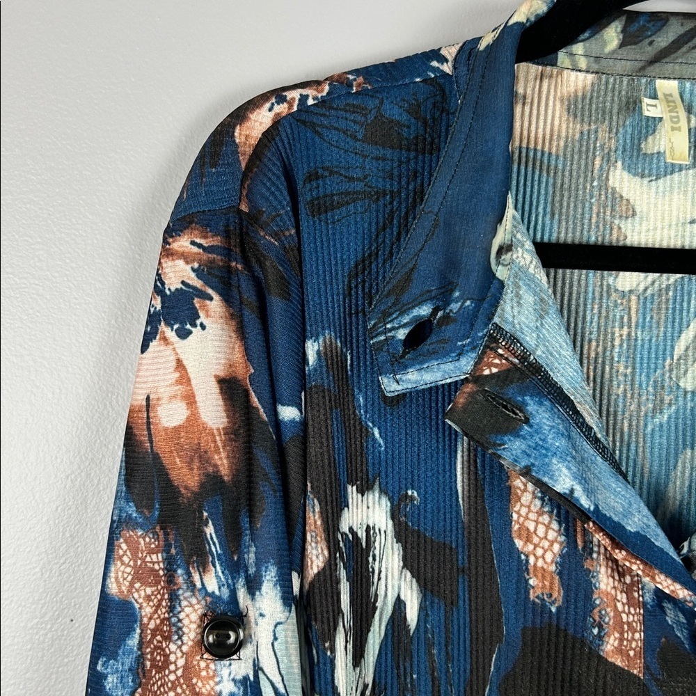 Lindi Artsy Floral 3/4 Roll Tab Sleeves Pleated Flowy Tunic Blouse Large Blue - Picture 5 of 14